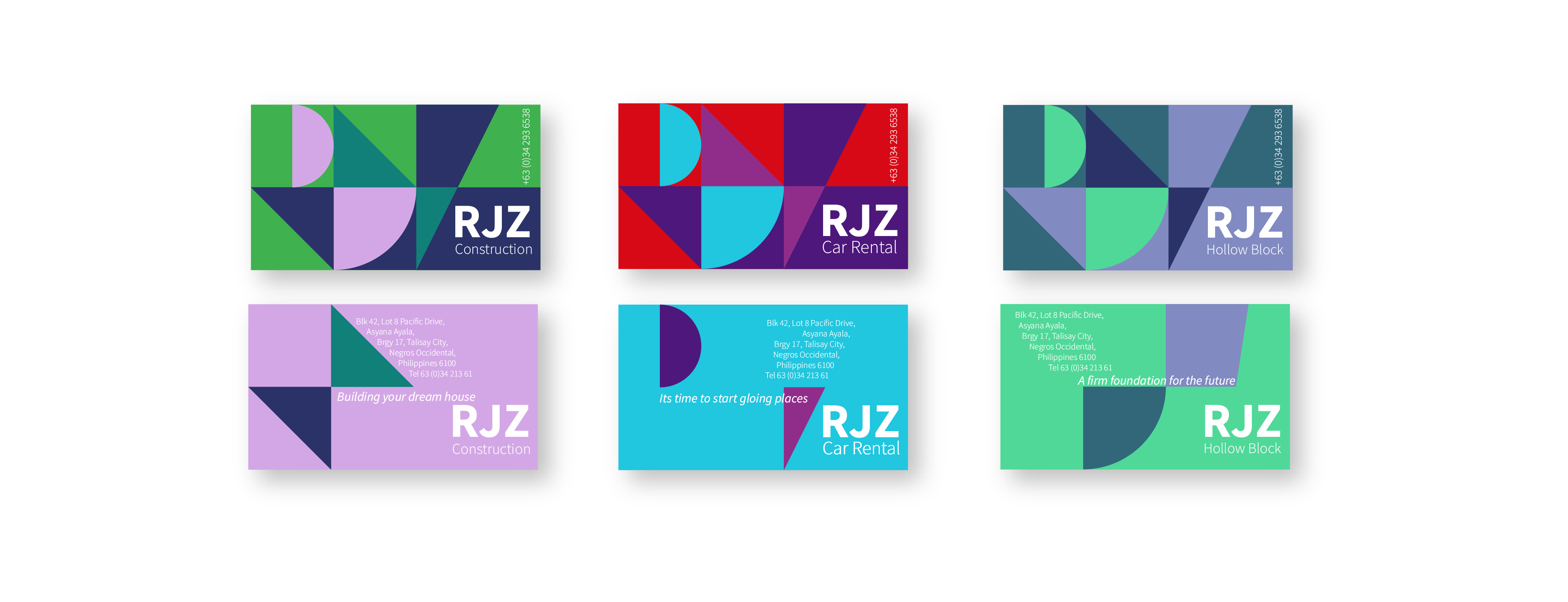 RJZ - composite of all three business cards for construction, hollow block, and car rental, front and reverse.