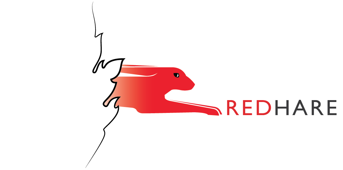 RedHare Pte Ltd - Logo of leaping red hare applied to line drawing of an acanthus leave outline.
