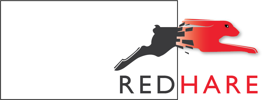 RedHare Pte Ltd - Logo in red and black of hare leaping out of 12x9 rectangle,