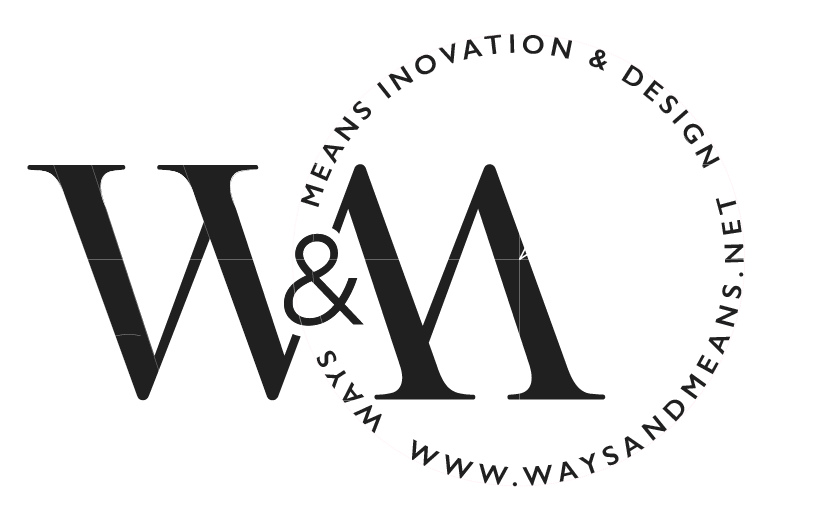 Ways & Means - Logo in black plus schematic layout dimensions.